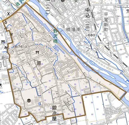 原とその周辺の地図。町の範囲を重ねている