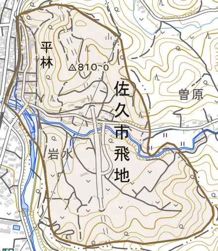 平林とその周辺の地図。町の範囲を重ねている