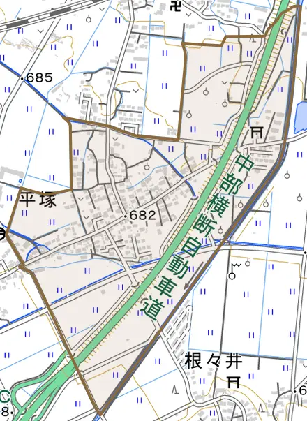 平塚とその周辺の地図。町の範囲を重ねている