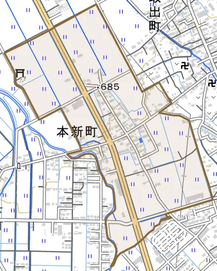 本新町とその周辺の地図。町の範囲を重ねている