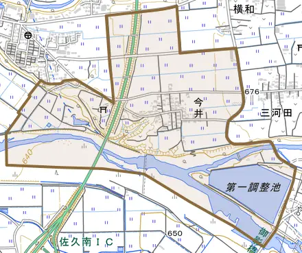 今井とその周辺の地図。町の範囲を重ねている