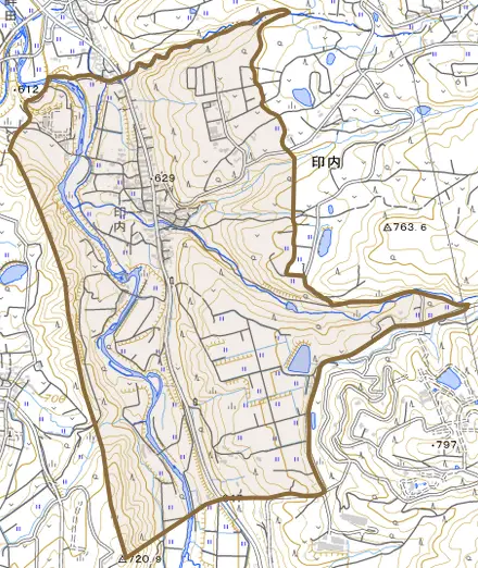 印内とその周辺の地図。町の範囲を重ねている
