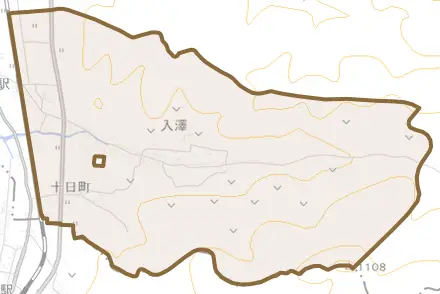 入沢とその周辺の地図。町の範囲を重ねている