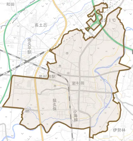 岩村田とその周辺の地図。町の範囲を重ねている