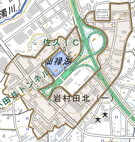 岩村田北とその周辺の地図。町の範囲を重ねている