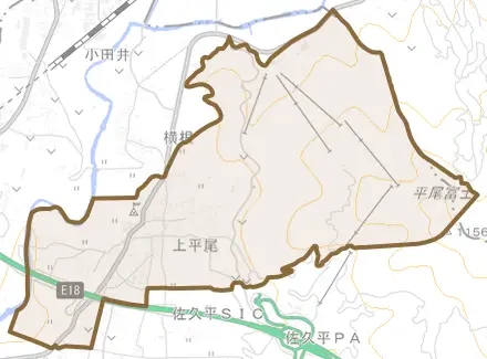 上平尾とその周辺の地図。町の範囲を重ねている