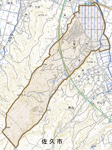 小宮山とその周辺の地図。町の範囲を重ねている