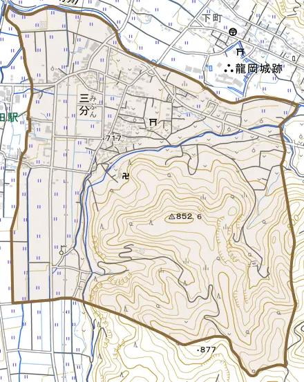 三分とその周辺の地図。町の範囲を重ねている
