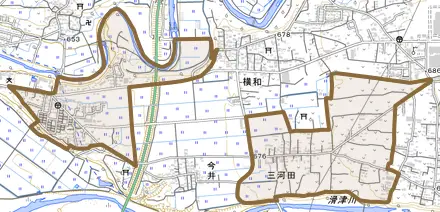 三河田とその周辺の地図。町の範囲を重ねている