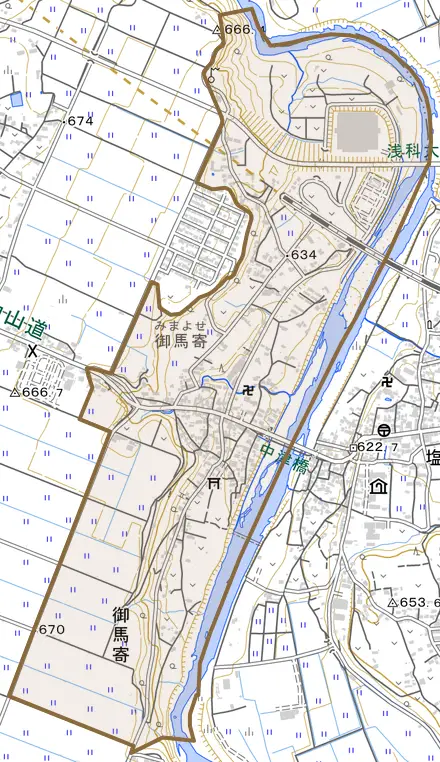 御馬寄とその周辺の地図。町の範囲を重ねている