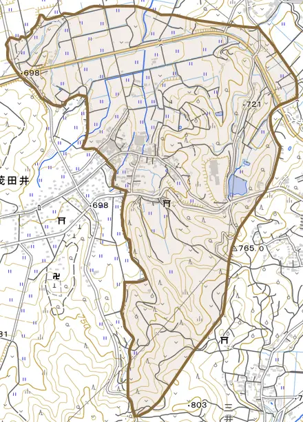 茂田井とその周辺の地図。町の範囲を重ねている
