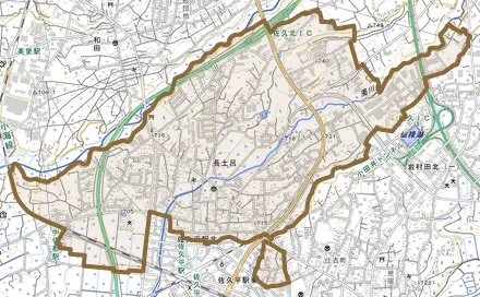 長土呂とその周辺の地図。町の範囲を重ねている