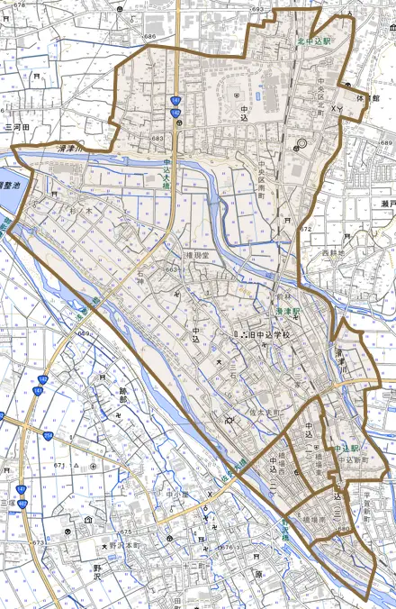 中込とその周辺の地図。町の範囲を重ねている