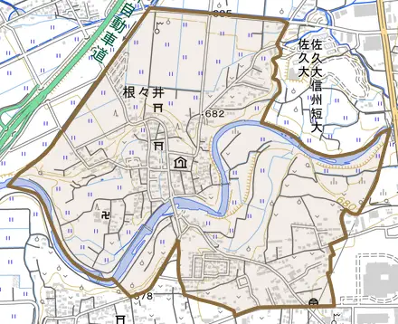 根々井とその周辺の地図。町の範囲を重ねている