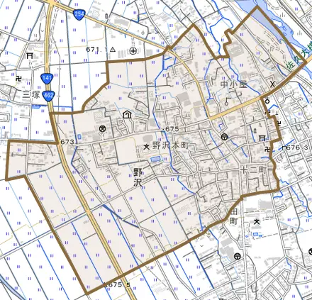 野沢とその周辺の地図。町の範囲を重ねている
