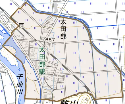 太田部とその周辺の地図。町の範囲を重ねている