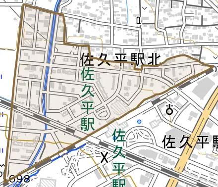 佐久平駅北とその周辺の地図。町の範囲を重ねている