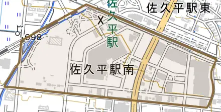 佐久平駅南とその周辺の地図。町の範囲を重ねている