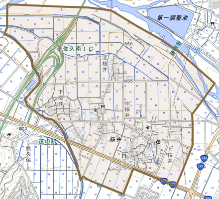 桜井とその周辺の地図。町の範囲を重ねている