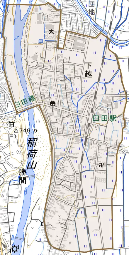 下越とその周辺の地図。町の範囲を重ねている