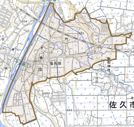 塩名田とその周辺の地図。町の範囲を重ねている