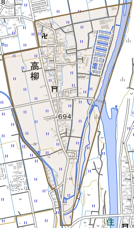 高柳とその周辺の地図。町の範囲を重ねている