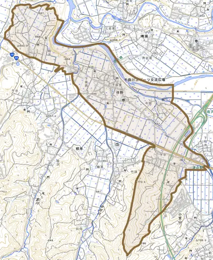 伴野とその周辺の地図。町の範囲を重ねている
