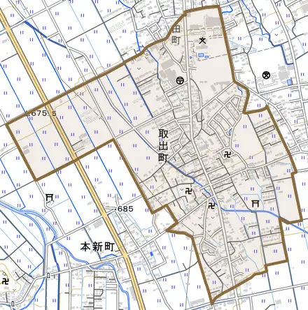 取出町とその周辺の地図。町の範囲を重ねている