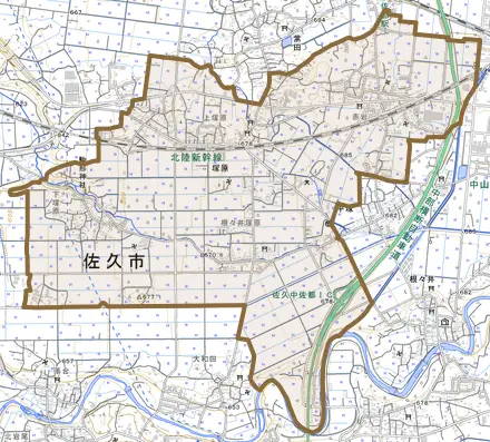 塚原とその周辺の地図。町の範囲を重ねている