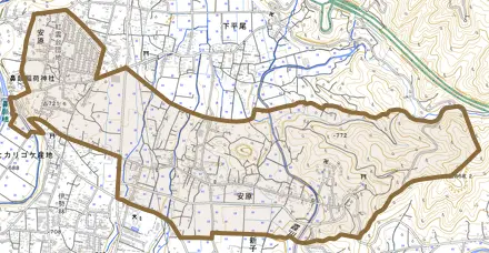 安原とその周辺の地図。町の範囲を重ねている