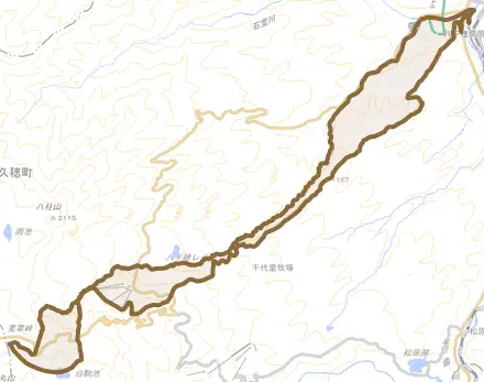 大字千代里とその周辺の地図。町の範囲を重ねている