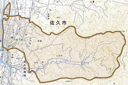大字平林とその周辺の地図。町の範囲を重ねている