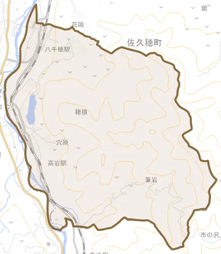 大字穂積とその周辺の地図。町の範囲を重ねている