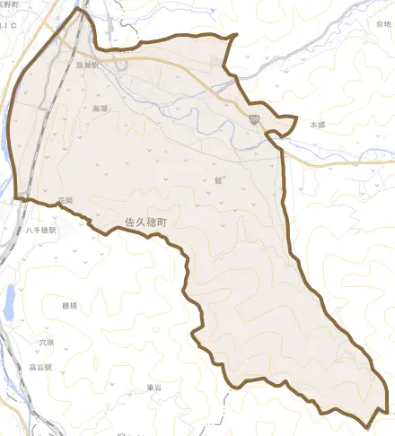 大字海瀬とその周辺の地図。町の範囲を重ねている