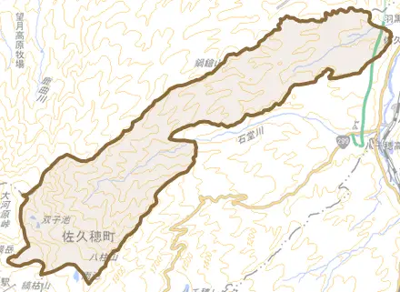 大字上とその周辺の地図。町の範囲を重ねている
