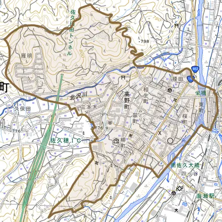 大字高野町とその周辺の地図。町の範囲を重ねている