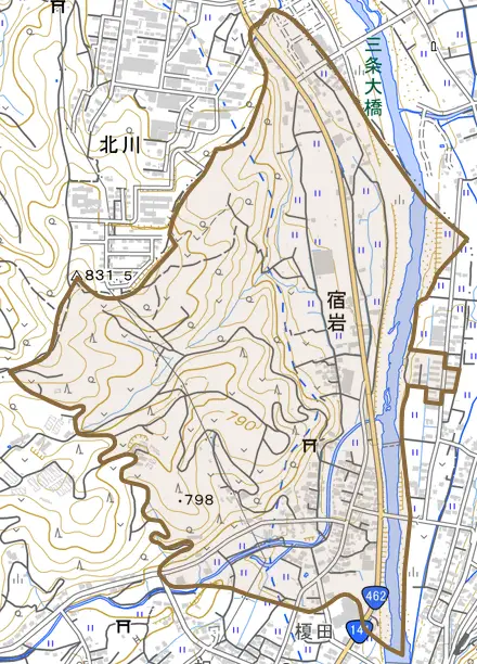 大字宿岩とその周辺の地図。町の範囲を重ねている