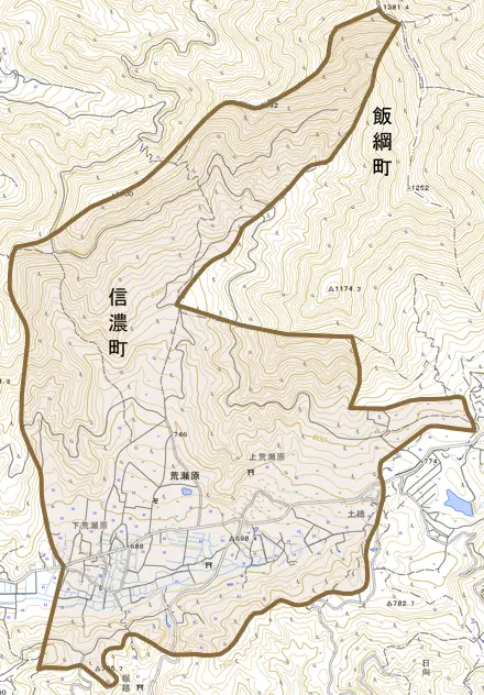 大字荒瀬原とその周辺の地図。町の範囲を重ねている