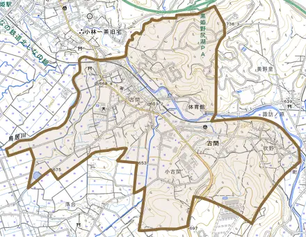 大字古間とその周辺の地図。町の範囲を重ねている