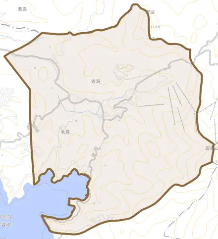 大字古海とその周辺の地図。町の範囲を重ねている