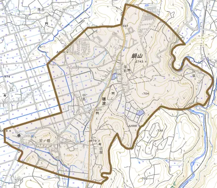 大字穂波とその周辺の地図。町の範囲を重ねている