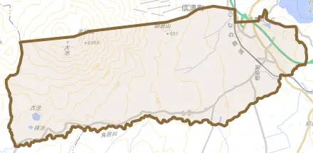 大字柏原とその周辺の地図。町の範囲を重ねている