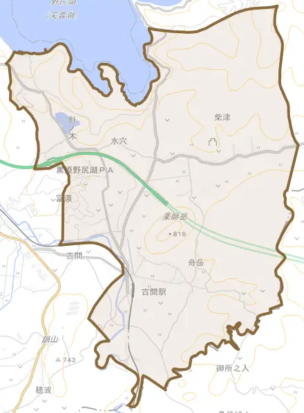 大字富濃とその周辺の地図。町の範囲を重ねている