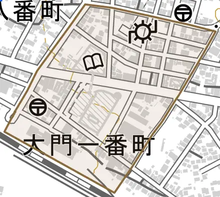大門一番町とその周辺の地図。町の範囲を重ねている
