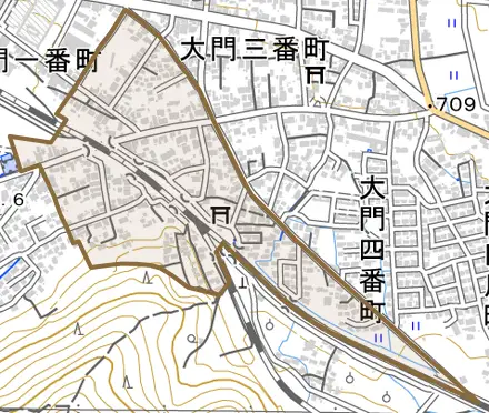 大門二番町とその周辺の地図。町の範囲を重ねている
