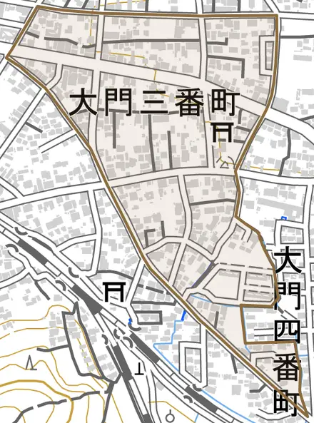 大門三番町とその周辺の地図。町の範囲を重ねている