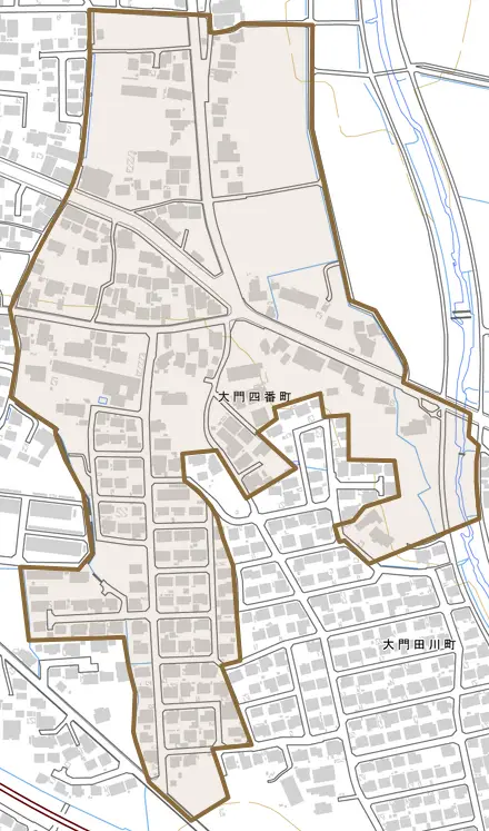 大門四番町とその周辺の地図。町の範囲を重ねている