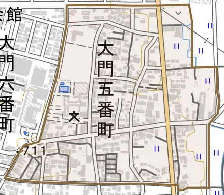 大門五番町とその周辺の地図。町の範囲を重ねている