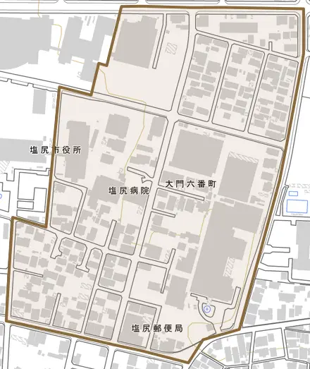 大門六番町とその周辺の地図。町の範囲を重ねている