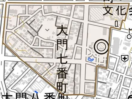 大門七番町とその周辺の地図。町の範囲を重ねている